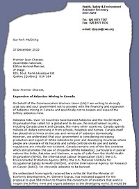 CWU Letter against Canada's Asbestos industry