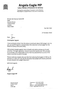 Letter responding to lobby of MP on Health and Safety
