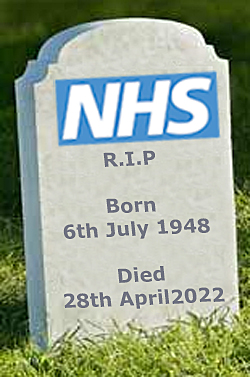 image: NHS dies on the day of the Healthcare Act 2022 - click to go the NHS privatisation news pages